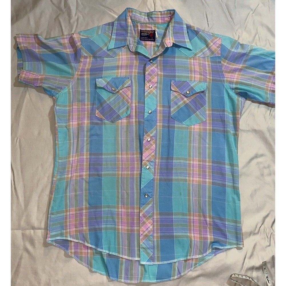 Wrangler Shirt Mens 17 Pearl Snap Western Pro Rodeo Tapered Plaid Single Point